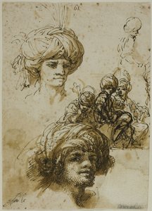 Sketches of Turbaned Men (recto); Fragment of a Figure and Sketches of Foliated Architectural Ornament (verso) by Salvator Rosa