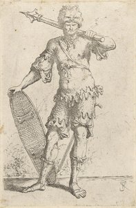 Standing Exotic Warrior Wearing a Lion-head Cap, Holding a Mace and Shield, c.1656-57