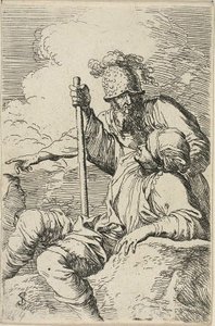 Three Warriors, one seated on a foreground rock holding a staff; the second standing behind him and pointing, the third seen as a face behind them, from Figurine series by Salvator Rosa