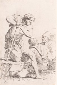 Two men sitting and another man holding a staff kneeling on a rock, from the series, ca. 1656-1657