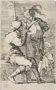 Two Warriors, One Holding a Sword, the Other a Halberd; An Old Bearded Man Behind Them, from Figurine