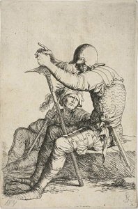 Two Warriors, One Seated on a Low Foreground Rock and Holding a War Hammer; the Other Figure Seated on the Ground Behind Him, Holding a Mace Across His Right Shoulder and Looking Up at the Foreground Figure, from Figurine Series by Salvator Rosa