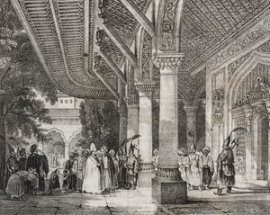 Entrance hall of Serraglio, Turkey, from story harem in East, lithograph from Poliorama Pittoresco by Salvatore Puglia