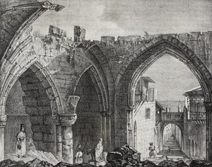 Ruins along Street of Knights, Rhodes Town, Greece, lithograph by Salvatore Puglia from Poliorama Pittoresco, n 3, August 27