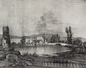 View of Santa Restituta Factory and Church on Banks of Fibreno River in Cornello, Lazio, Italy, from Poliorama Pittoresco, No. 16, November 26 by Salvatore Puglia