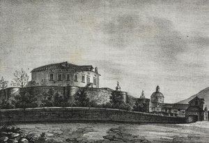 View of castle of Acerra, Campania, Italy, lithograph by Salvatore Puglia from Poliorama Pittoresco by Salvatore Puglia
