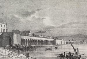 View of railway at Torre Annunziata, Campania, Italy, lithograph by Gaetano Riccio from Poliorama Pittoresco