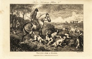 Mounted huntsman watching a pack of hounds digging for hares by Samuel (after) Howitt