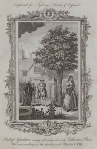 Bishop Gardiner coming with a Guard to seize Catherine Parr, who was walking in the Garden with Henry VIII by Samuel (after) Wale