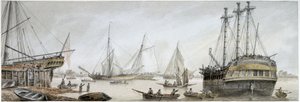 An Indiaman ship set up for repairs on the Thames, with a description of the ordinary activities of the Royal Shipyards at Deptford by Samuel Atkins
