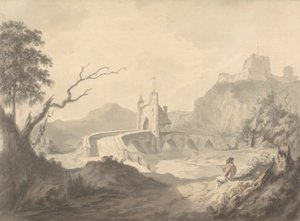 River Scene and Bridge with Artist Sketching in Foreground by Samuel Davis