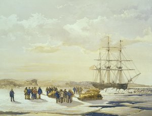 Sledge party leaving H.M.S. Investigator in Mercy Bay, 15th April 1853, engraved by E. Walker, published by Ackermann and Co., 1854