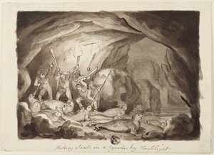 Killing Seals in a Cavern by Torchlight; Sketch of Hunters and Board by Samuel Howett