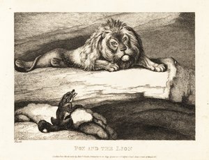 A fox foolishly approaching a male lion in his den by Samuel Howitt