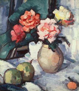 Mixed Roses in a Brown Vase with a Cup, Saucer and Apples