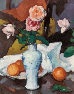 Roses in a Vase with Oranges and a White Tablecloth