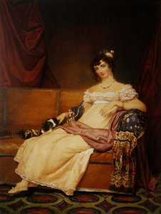 Lady Waterhouse seated on a sofa with her spaniel by Samuel John Stump