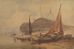 Coastal Scene with Beached Boats in Foreground, Early-Mid 19th Century by Samuel Prout