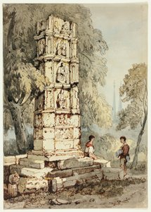 Two Figures Beside Medieval Ruins, with Church in Distance by Samuel Prout