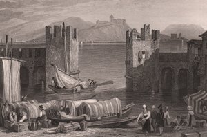 View of Angera castle in Arona, Lake Maggiore, Piedmont, Italy (engraving)