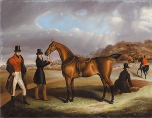 Lord George Bentinck with His Favourite Hunter and Grooms in a Landscape with a Hunt Beyond