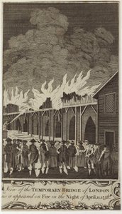 View of the temporary bridge of London as it appeared on fire on the night of 11 April 1758 by Samuel Wale