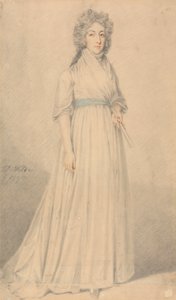 A Lady, full length, Wearing a Blue Sash and Holding a Fan by Samuel de Wilde