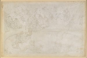 The Divine Comedy, Inferno XVII. Virgil and Dante in the Seventh Circle of Hell, 3rd Strip: Violent Against Divine Order in the Desert of Flames, Punishment of Usurers; Descent into the Depths on the Back of Geryon by Sandro Botticelli