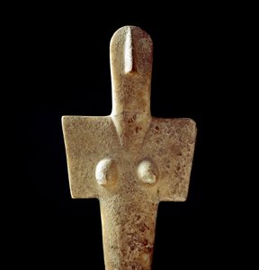 Nuragic culture: limestone statuette of mother goddess, cycladic type idol, from Senorbi dating from the prenuragic period. Cagliari, Museo Nazionale Archeologico, Sardinia, Italy by Sardinia Nuragic Civilization