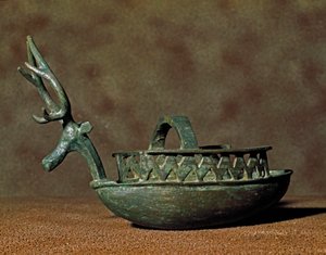 Sculpture in the Shape of a Boat with Figures of a Deer Head by Sardinia Nuragic Civilization
