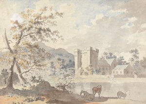 Castle below mountains with horses by a river by Sawrey Gilpin