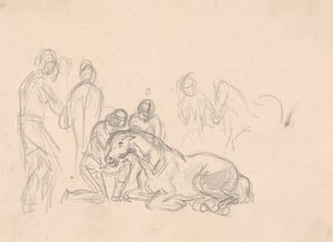 Two Figures Kneeling Beside a Horse