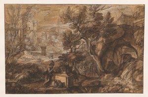 Landscape with Shepherd by Ancient Sarcophagus by Sébastien Bourdon (attributed to)