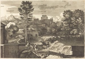 Landscape with Two Figures on a Bridge by Sébastien Bourdon