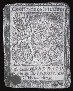 A 100 Shilling Note Designed and Printed by Benjamin Franklin in 1759 by School American