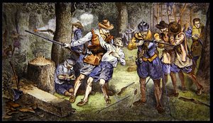 Defending the infant settlement against Indian attack in the colony of Jamestown, Virginia in 1607 by School American