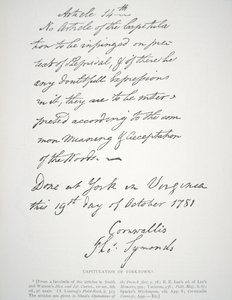 Letter of Capitulation of Yorktown, Signed by Lord Cornwallis by School American