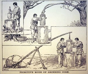 Primitive method of grinding corn by School American