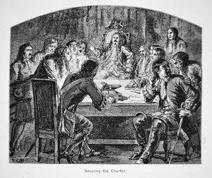 Sir Edmund Andros demands the surrender of the Charter of Connecticut in 1687 in order to establish the Dominion of New England