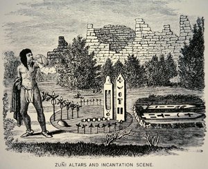 Zuni Tribesman blowing pollen over a Pueblo shrine (engraving) by School American