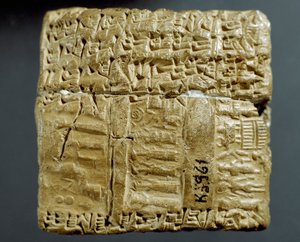 Assyrian civilization: engraved box of cuneiform characters concerning the production of two silver mines. Istanbul, Archeological Museum