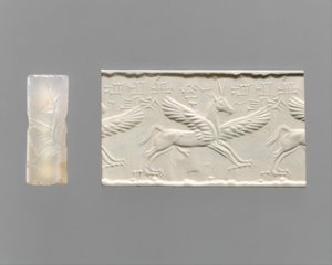 Cylinder seal and modern impression: winged horse with claws and horns by School Assyrian