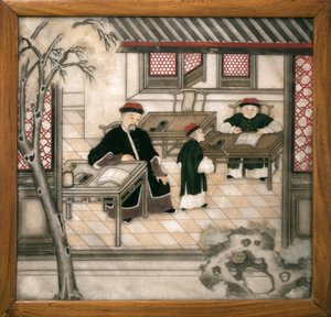 Decorative marble plate representing letters in their cabinet. Painted marble, Qing Dynasty (1644-1911), Chinese art. Musee d
