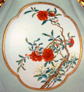 Detail of a fine and very rare famille rose celadon-ground vase with a gilt outlined enamel of Prunus and Roses