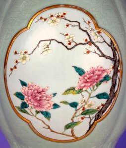 Detail of a Fine and Very Rare Famille Rose Celadon-Ground Vase with a Gilt Outlined Enamel of Prunus and Roses (detail)