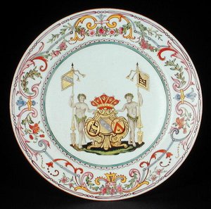 Dinner plate decorated in famille rose enamels with the arms of Goos of Ghyseghem, acollees with Vecquemans and Goubau, Yonzheng period (1725-35) c.1730