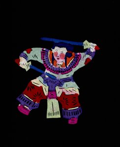 Female character practicing martial art with two swings. Painted paper cutting or "Jian Zhi", Chinese folk art, Pekin by School Chinese