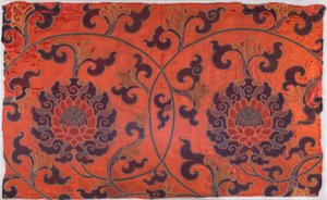 Fragment of Textile with Design of Scrolling Lotus Flowers, Stems and Leaves by School Chinese
