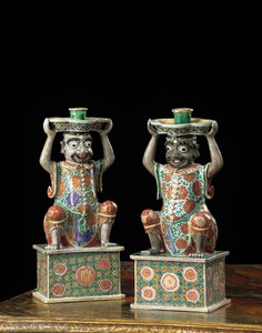 Pair of export famille verte candlesticks, Kangxi by School Chinese