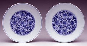 Pair of Saucer Dishes, with Stylised Lotus Flowers, Yongzheng Mark and Period 1723-35 by School Chinese